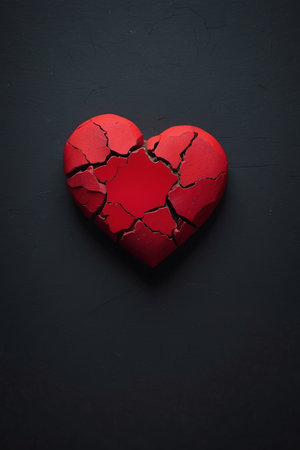 Broken red heart on black background, valentines day conceptの素材