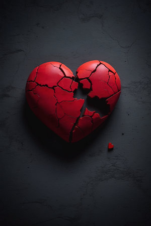 Broken red heart on a dark background. Valentines day concept.の素材
