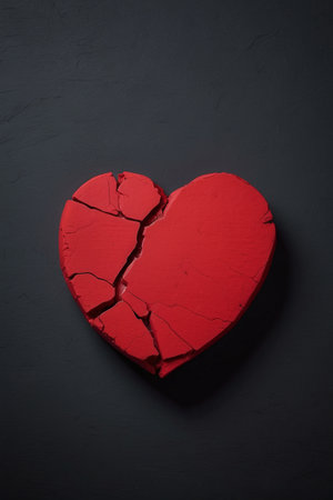 Broken red heart on a black background. Valentines day background.の素材