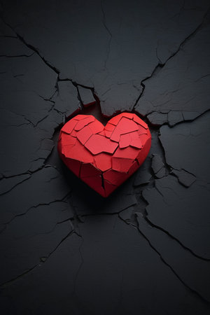 Red broken heart on cracked wall. Love and broken heart concept.の素材