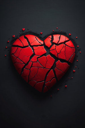 Broken red heart on black background. Valentines day concept.の素材
