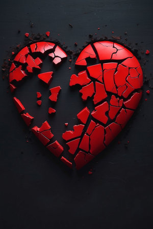 Broken red heart on black background, valentines day conceptの素材