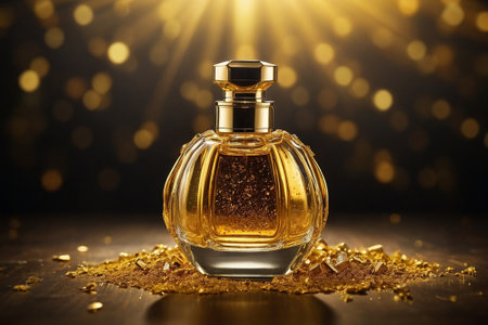 Perfume bottle with golden glitter and bokeh background.の素材