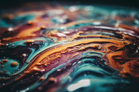 Close up of colorful oil paint mixing in water. Abstract background.の素材