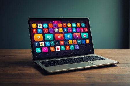 Laptop with colorful application icons on screen. Technology and communication conceptの素材