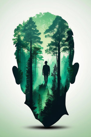 Silhouette of a man standing in the forest. Vector illustration.の素材