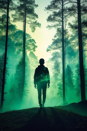 Silhouette of a man walking through a foggy forest.の素材