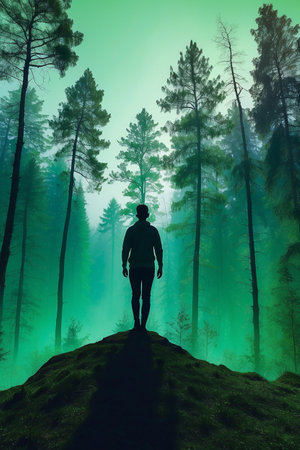 Silhouette of a man in the middle of a pine forestの素材