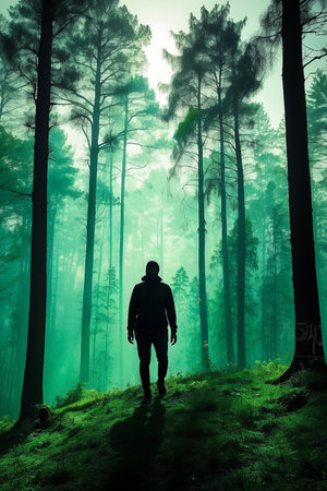 Silhouette of a man walking in a pine forest with fogの素材