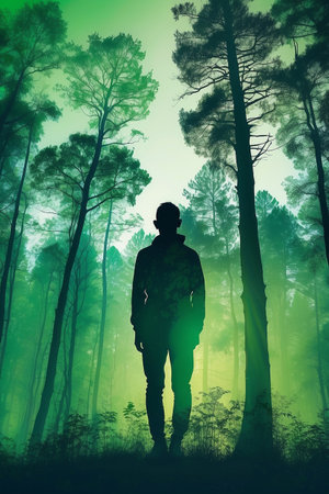 Silhouette of a man in the pine forest with foggy backgroundの素材