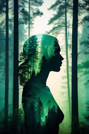 Double exposure of female silhouette in a foggy forest. Conceptual imageの素材