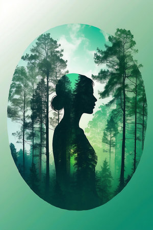 Silhouette of a woman in the forest. Vector illustration.の素材