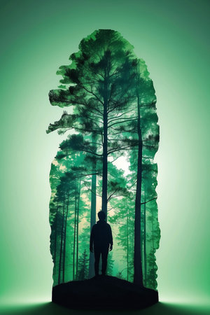 Silhouette of a man in a pine forest on a green backgroundの素材