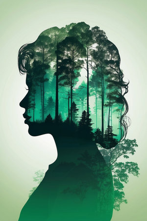 Silhouette of a woman in the forest. Vector illustration.の素材
