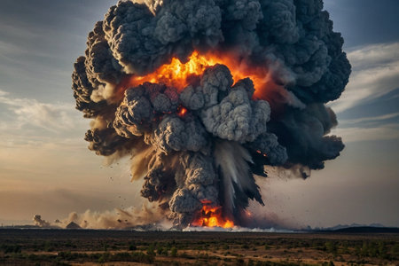 Big explosion in the sky with smoke and fire. Nature disaster.の素材