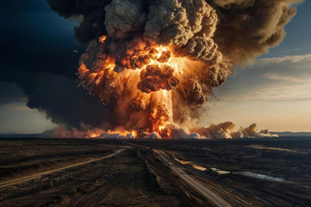 Big explosion on the road at sunset. Collage. 3d renderingの素材