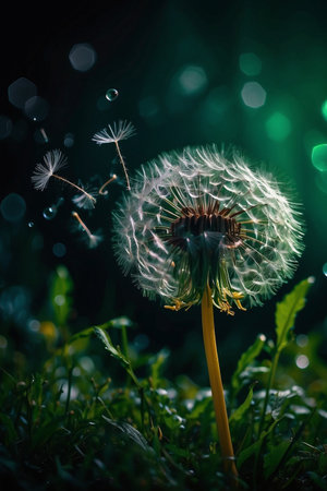 Dandelion seeds blowing in the wind on a green meadowの素材