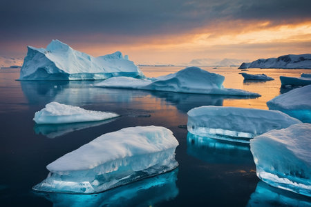 Icebergs at sunset in Antarctica. Global warming and climate change concept.の素材