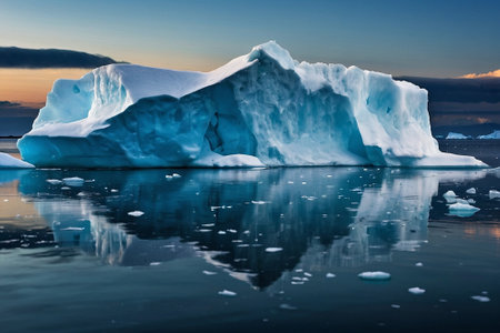 Antarctic landscape with icebergs and ice floes at sunsetの素材