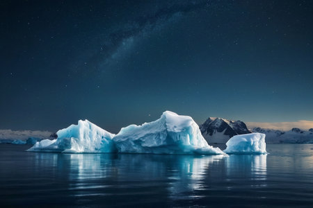 Beautiful view of icebergs and the Milky Way at night.の素材