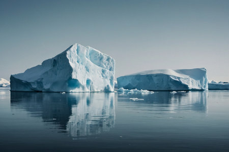 Antarctic icebergs in the ocean with ice floes.の素材