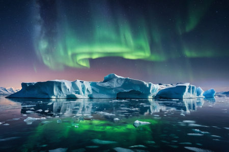 Aurora borealis, northern lights over icebergs, Ilulissat, Greenlandの素材