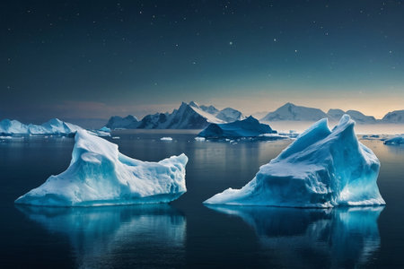 Icebergs floating in the ocean at night. 3d renderingの素材