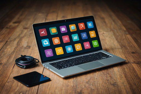 Laptop with colorful application icons on screen. Technology and communication concept.の素材