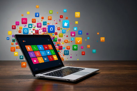 Laptop with colorful application icons flying out of the screen on wooden deskの素材