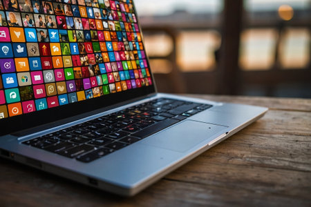 Laptop on wooden table in coffee shop with colorful apps on screenの素材