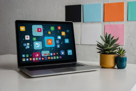 Laptop screen with app icons on it sitting on white office deskの素材
