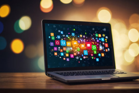 Laptop with colorful application icons on screen on bokeh backgroundの素材