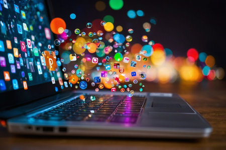 Laptop with colorful application icons flying out of screen on wooden tableの素材