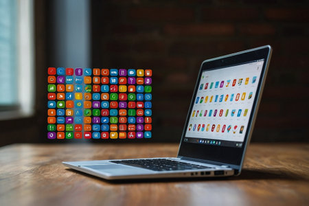 Laptop with colorful application icons on wooden table in front of brick wallの素材