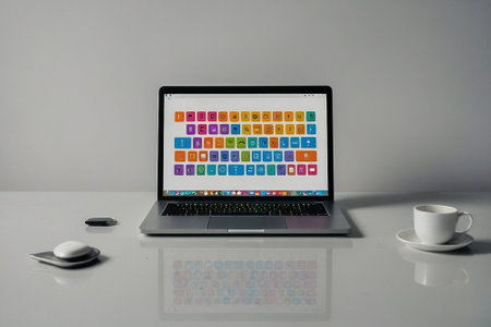 Laptop with colorful keyboard on a white table with coffee cup and mouseの素材