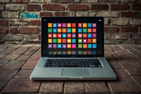 Laptop with colorful application icons on the screen on brick wall backgroundの素材