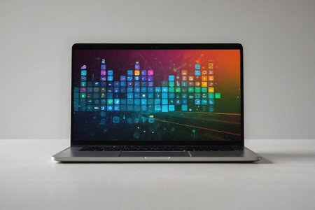 Laptop with colorful business charts on the screen, stock market conceptの素材