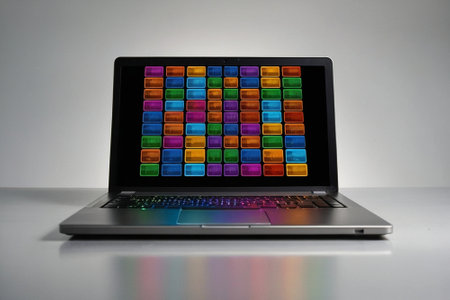 Laptop with colorful keyboard on white background, closeup of photoの素材