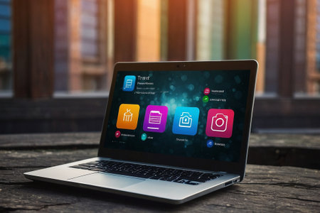 Laptop with apps icons on screen. Internet and technology concept.の素材