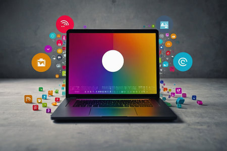 Laptop with colorful application icons on concrete wall background, 3D renderingの素材