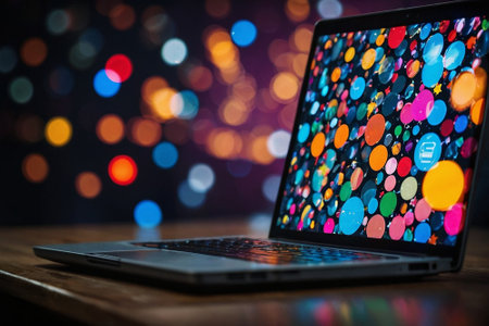 Laptop on wooden table with colorful bokeh lights background.の素材