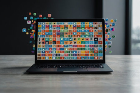 Laptop with colorful application icons on the screen. Social media conceptの素材