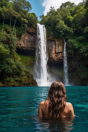 Young woman enjoying the view of a waterfall in Bali, Indonesiaの素材