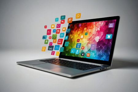 Laptop with colorful application icons flying out of screen on white backgroundの素材