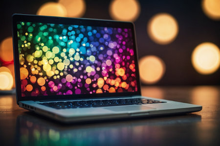 Laptop on wooden desk with colorful bokeh lights background.の素材
