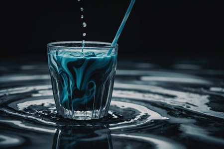 Blue paint splashes into a glass with a straw on a dark backgroundの素材