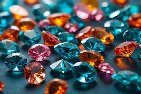 Colorful diamonds on a blue background. Close-up shot.の素材