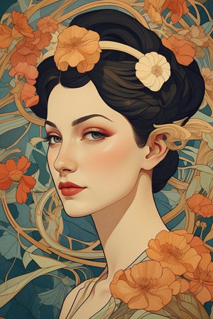 Beautiful young woman with flowers in her hair. Art Nouveau illustration.の素材