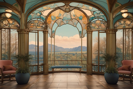 Interior of a room with a view of the lake and mountainsの素材