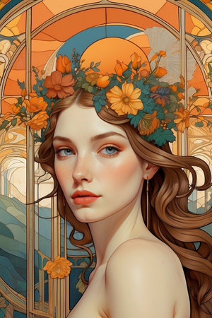 Beautiful girl with wreath of flowers on her head, Art Nouveau illustration.の素材